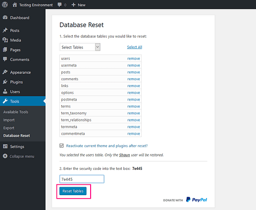 database reset plugin reset tables