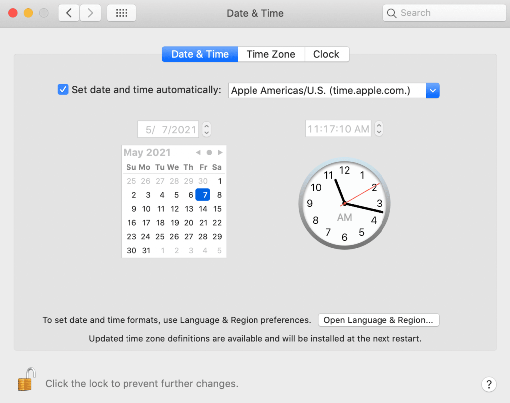 mac date and time settings tab