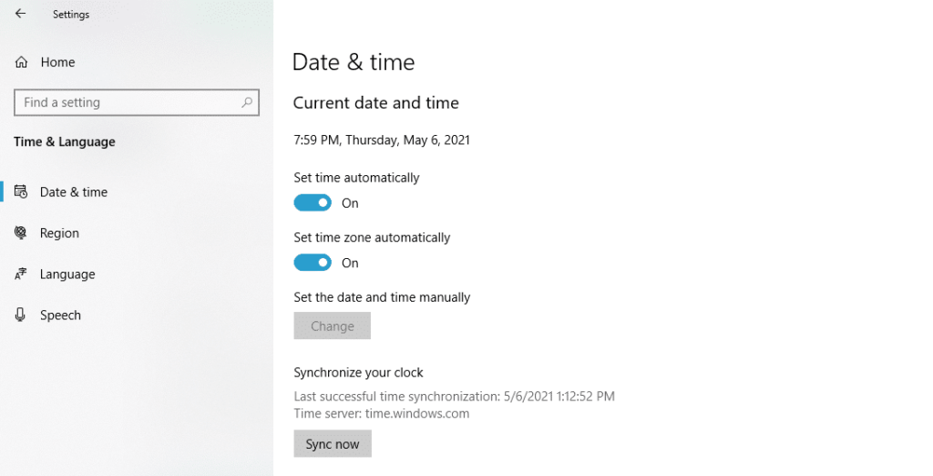 Sync time in windows